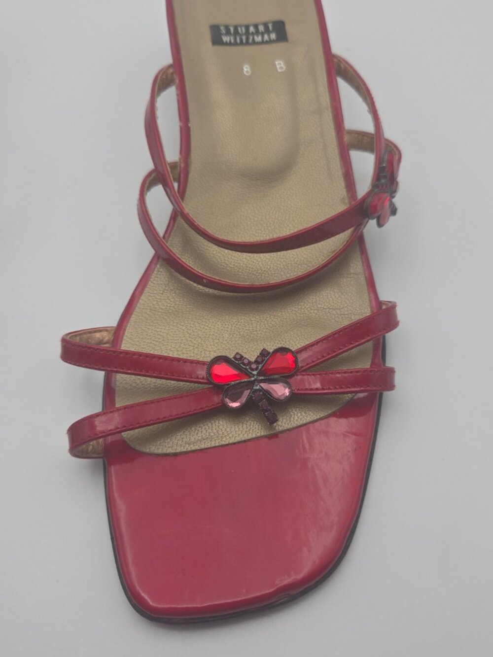 Vintage Stuart Weitzman Bugaboo Red Rhinestone Butterfly Sandals | Size 8 - Picture 5 of 11